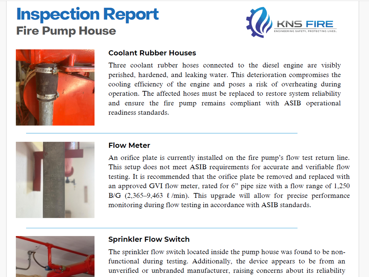 Fire pump house inspection report showing damaged coolant hoses, non-compliant flow meter, and unverified sprinkler flow switch