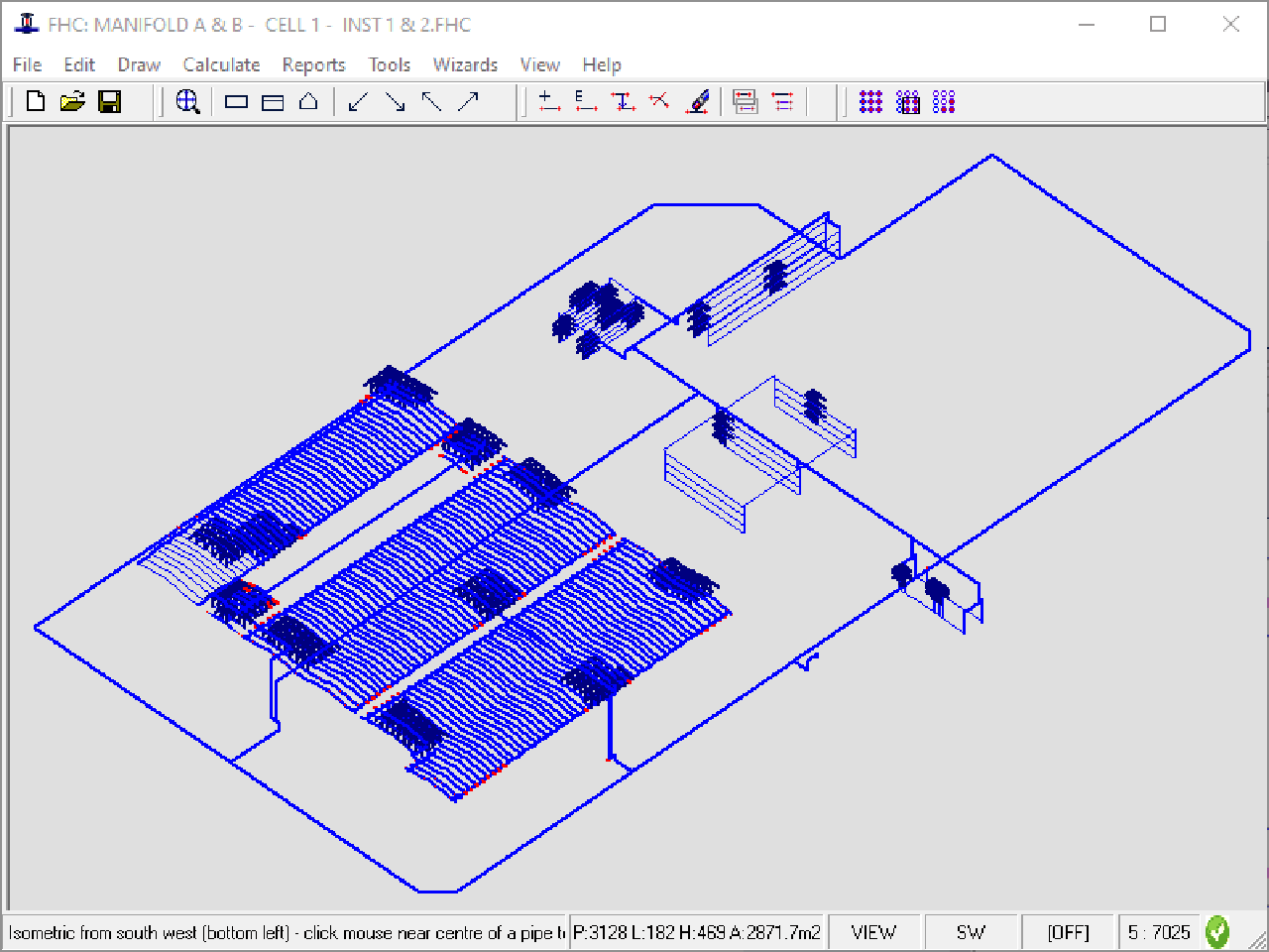 Hydraulic calculation of fire sprinkler layout using Canute FHC software, isometric system view